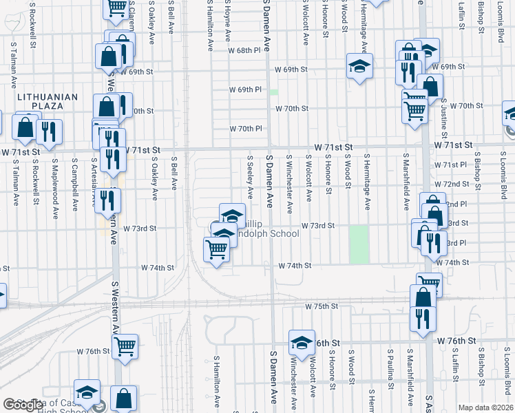 map of restaurants, bars, coffee shops, grocery stores, and more near 7246 South Seeley Avenue in Chicago