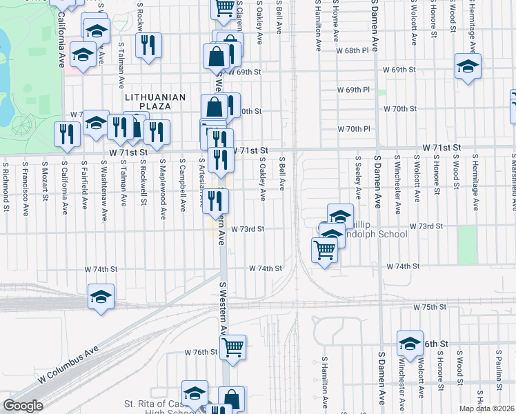 map of restaurants, bars, coffee shops, grocery stores, and more near 7246 South Oakley Avenue in Chicago