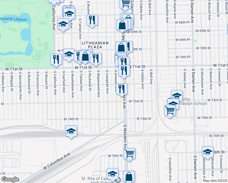 map of restaurants, bars, coffee shops, grocery stores, and more near 7245 South Artesian Avenue in Chicago