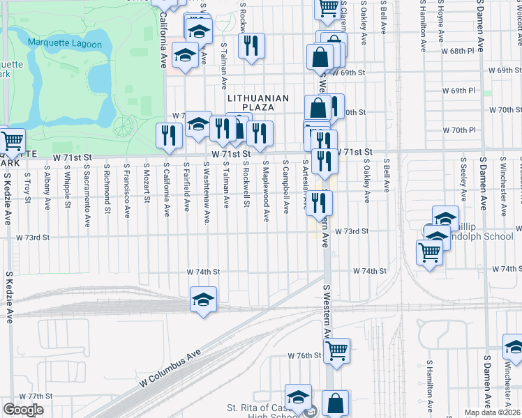 map of restaurants, bars, coffee shops, grocery stores, and more near 7244 South Maplewood Avenue in Chicago