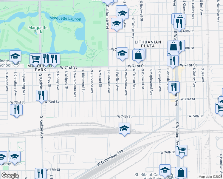map of restaurants, bars, coffee shops, grocery stores, and more near 7228 South California Avenue in Chicago