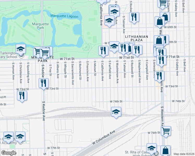 map of restaurants, bars, coffee shops, grocery stores, and more near 7238 South Mozart Street in Chicago