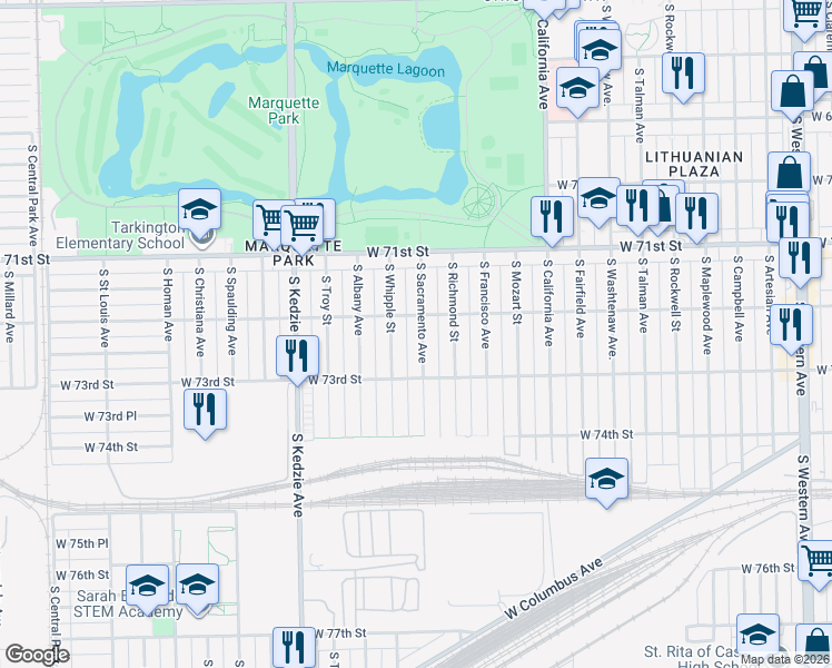 map of restaurants, bars, coffee shops, grocery stores, and more near 7237 South Sacramento Avenue in Chicago