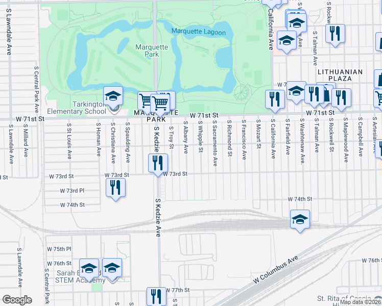 map of restaurants, bars, coffee shops, grocery stores, and more near 7236 South Albany Avenue in Chicago