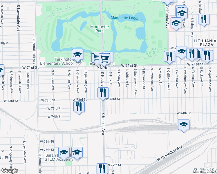 map of restaurants, bars, coffee shops, grocery stores, and more near 7234 South Troy Street in Chicago