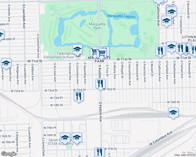 map of restaurants, bars, coffee shops, grocery stores, and more near 7235 South Sawyer Avenue in Chicago