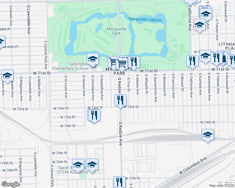 map of restaurants, bars, coffee shops, grocery stores, and more near 7235 South Sawyer Avenue in Chicago