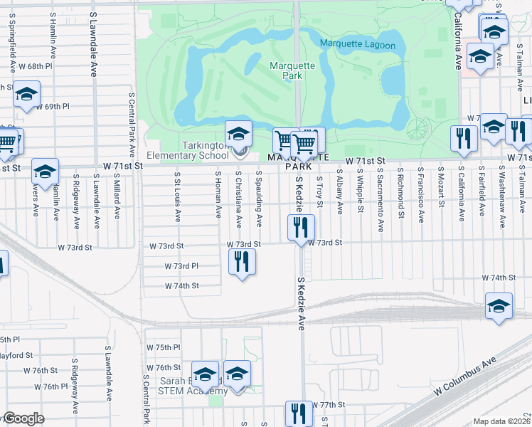 map of restaurants, bars, coffee shops, grocery stores, and more near 7235 South Spaulding Avenue in Chicago