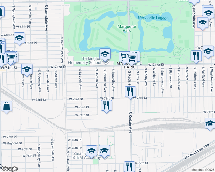 map of restaurants, bars, coffee shops, grocery stores, and more near 7234 South Christiana Avenue in Chicago