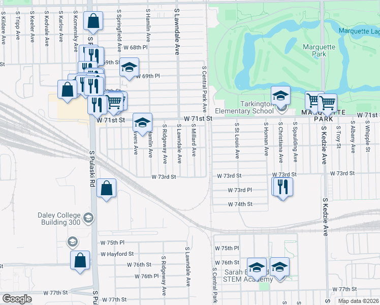 map of restaurants, bars, coffee shops, grocery stores, and more near 7228 South Millard Avenue in Chicago