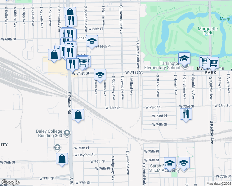 map of restaurants, bars, coffee shops, grocery stores, and more near 7228 South Lawndale Avenue in Chicago