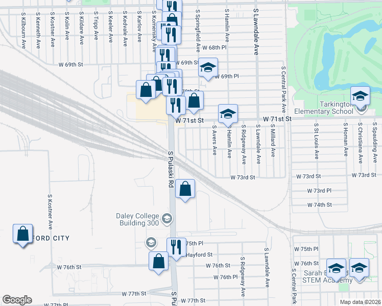 map of restaurants, bars, coffee shops, grocery stores, and more near 7228 South Springfield Avenue in Chicago
