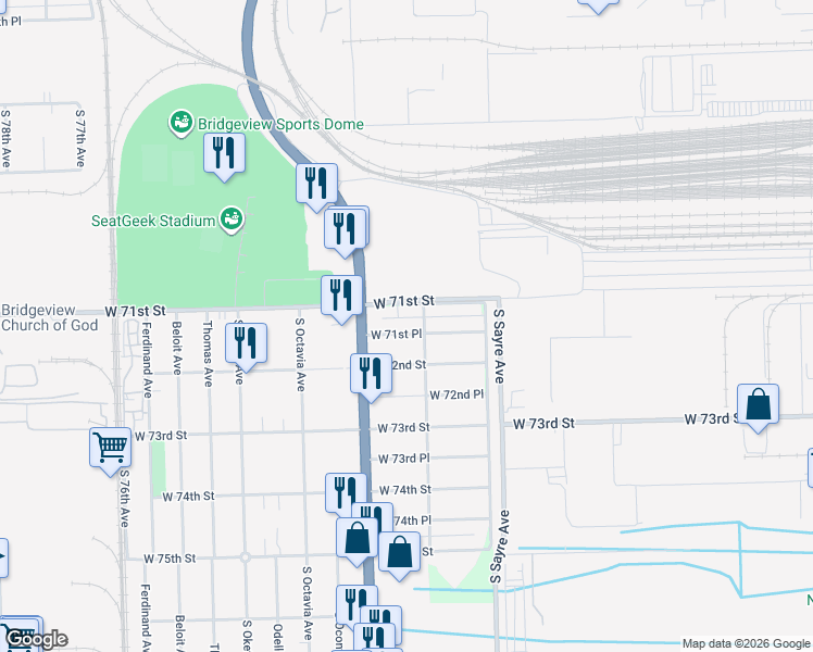 map of restaurants, bars, coffee shops, grocery stores, and more near 7101 West 71st Place in Chicago