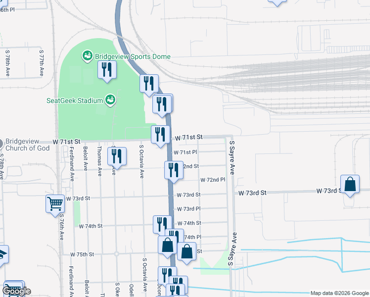 map of restaurants, bars, coffee shops, grocery stores, and more near 7157 West 71st Place in Chicago