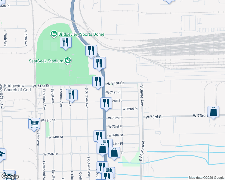 map of restaurants, bars, coffee shops, grocery stores, and more near 7157 West 71st Place in Chicago