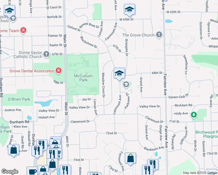 map of restaurants, bars, coffee shops, grocery stores, and more near 6842 Valley View Drive in Downers Grove