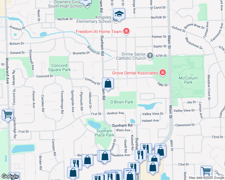 map of restaurants, bars, coffee shops, grocery stores, and more near 6901 Dunham Road in Downers Grove