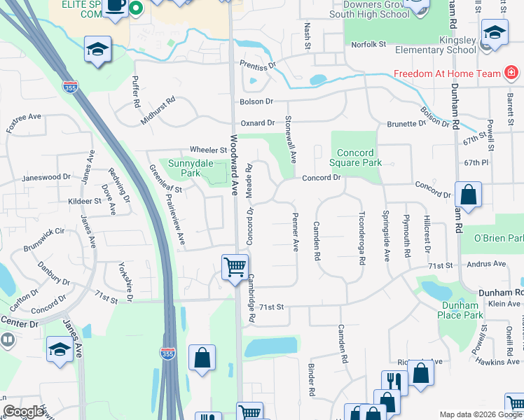 map of restaurants, bars, coffee shops, grocery stores, and more near 1937 Concord Drive in Downers Grove