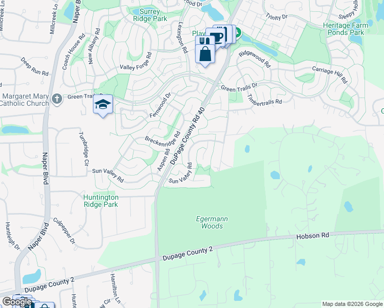 map of restaurants, bars, coffee shops, grocery stores, and more near 2547 Sun Valley Road in Lisle
