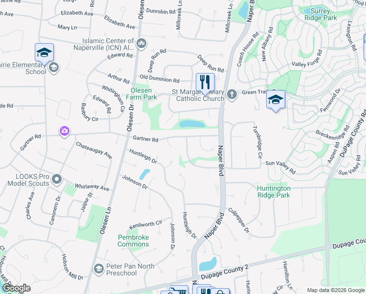 map of restaurants, bars, coffee shops, grocery stores, and more near 824 Rockbridge Drive in Naperville