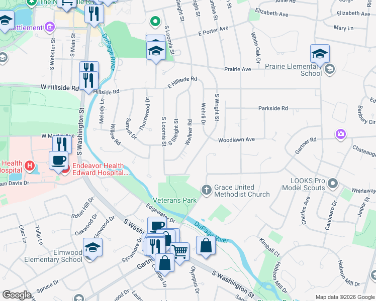 map of restaurants, bars, coffee shops, grocery stores, and more near 853 South Wright Street in Naperville