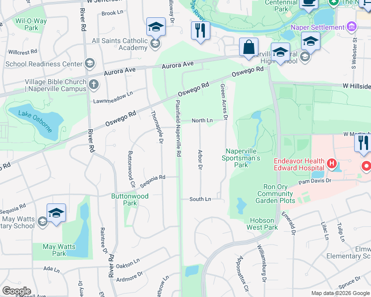 map of restaurants, bars, coffee shops, grocery stores, and more near 7S430 Arbor Drive in Naperville