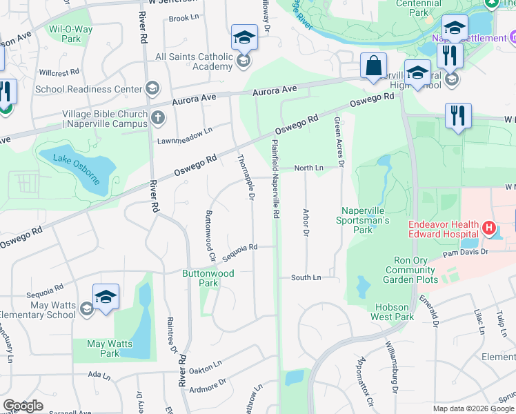 map of restaurants, bars, coffee shops, grocery stores, and more near 731 Thornapple Drive in Naperville