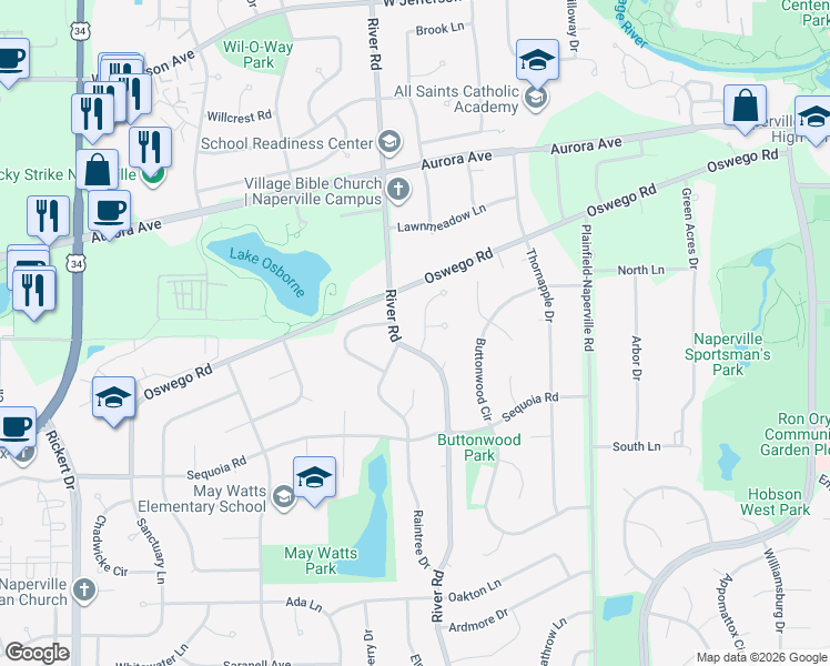 map of restaurants, bars, coffee shops, grocery stores, and more near 716 Honeysuckle Drive in Naperville