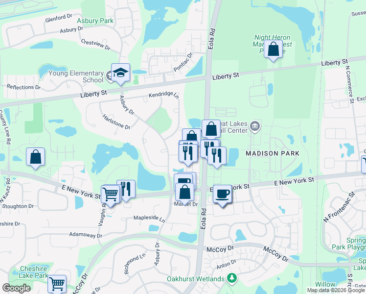 map of restaurants, bars, coffee shops, grocery stores, and more near 475 Samantha Court in Aurora