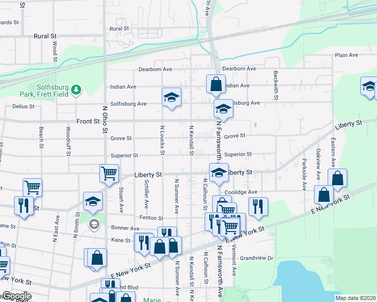map of restaurants, bars, coffee shops, grocery stores, and more near 1247 Superior Street in Aurora