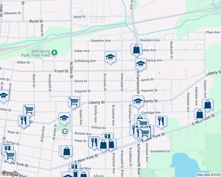 map of restaurants, bars, coffee shops, grocery stores, and more near 1215 Superior Street in Aurora