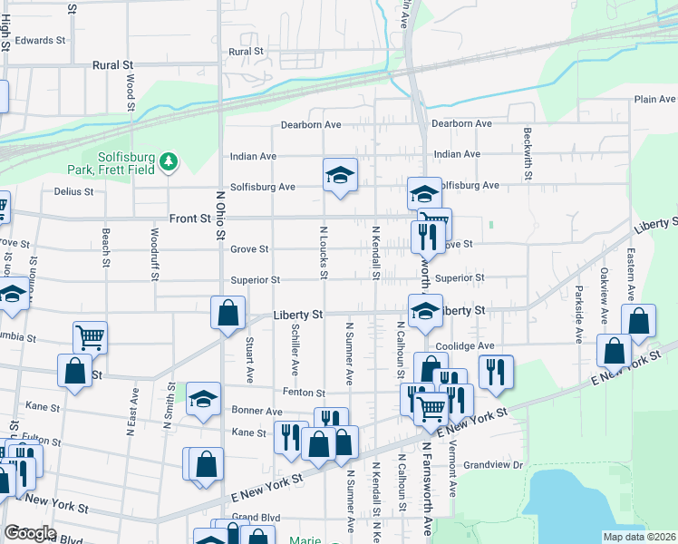 map of restaurants, bars, coffee shops, grocery stores, and more near 1215 Superior Street in Aurora