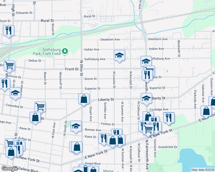 map of restaurants, bars, coffee shops, grocery stores, and more near 1137 Superior Street in Aurora