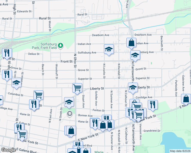 map of restaurants, bars, coffee shops, grocery stores, and more near 1105 Superior Street in Aurora