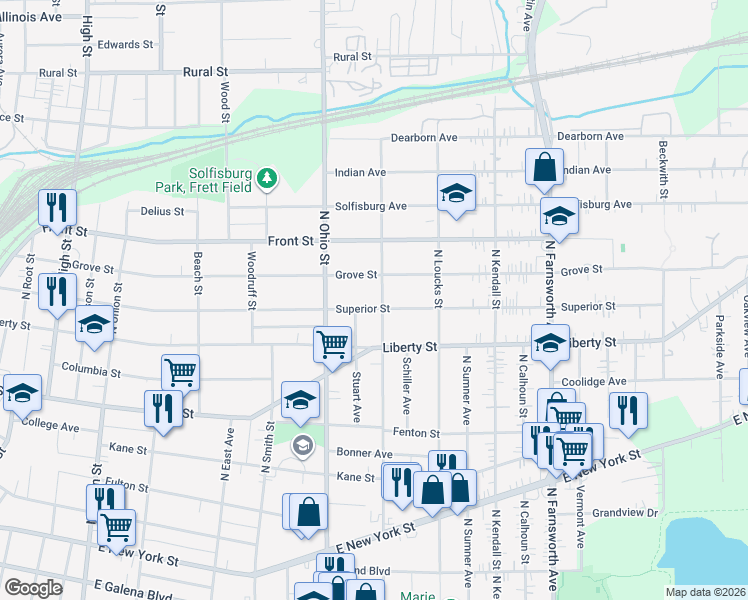 map of restaurants, bars, coffee shops, grocery stores, and more near 1105 Superior Street in Aurora