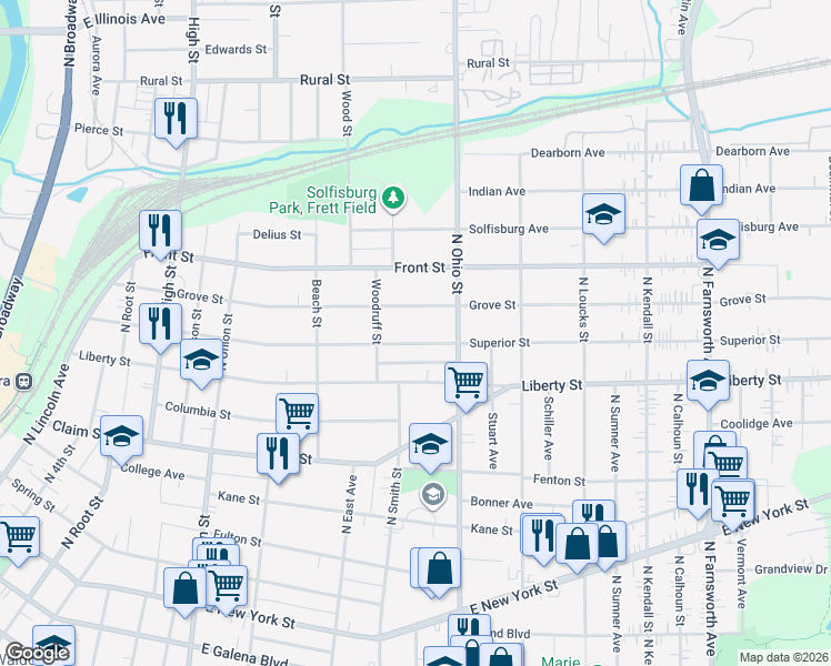 map of restaurants, bars, coffee shops, grocery stores, and more near 927 Superior Street in Aurora