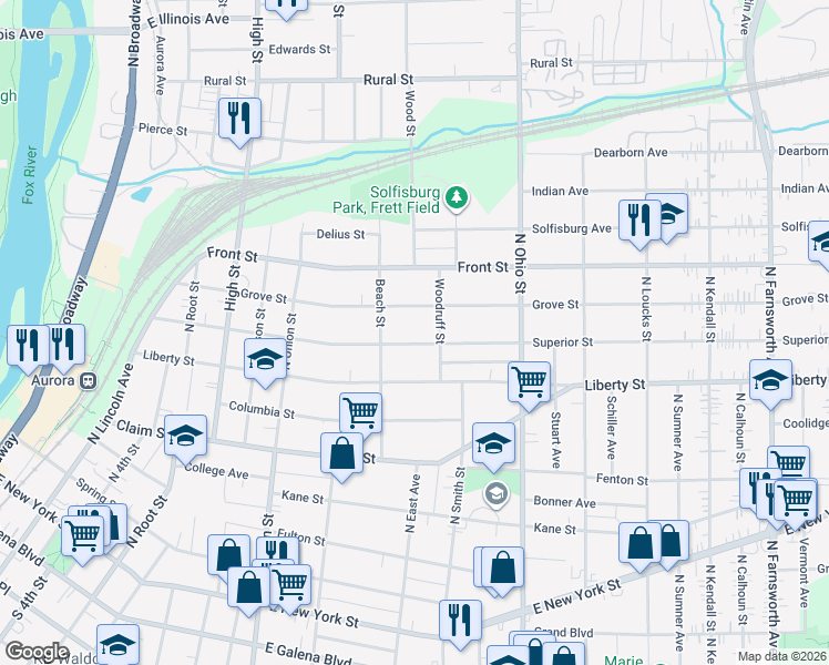 map of restaurants, bars, coffee shops, grocery stores, and more near 813 Superior Street in Aurora