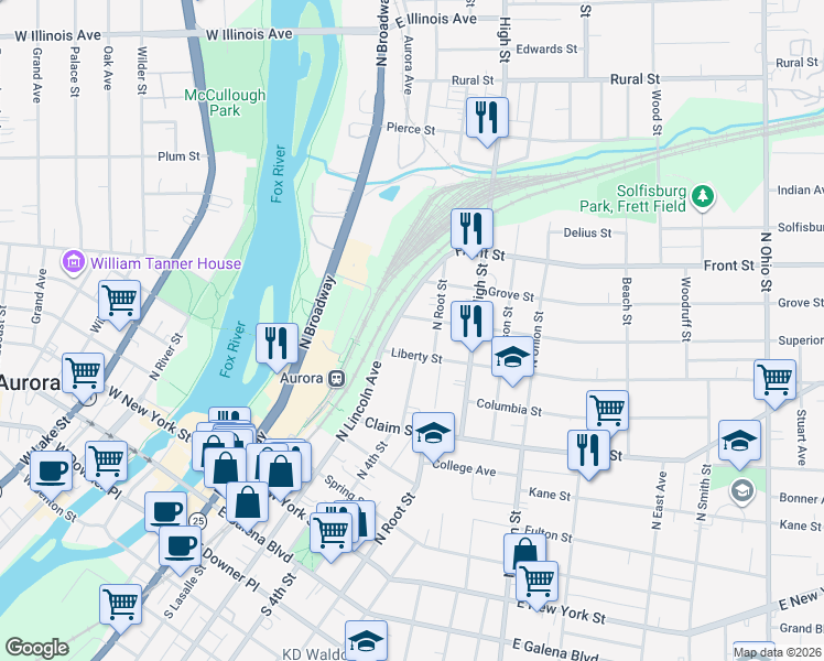 map of restaurants, bars, coffee shops, grocery stores, and more near 326 Liberty Street in Aurora