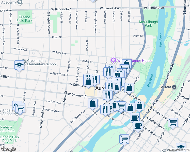 map of restaurants, bars, coffee shops, grocery stores, and more near 350 West New York Street in Aurora