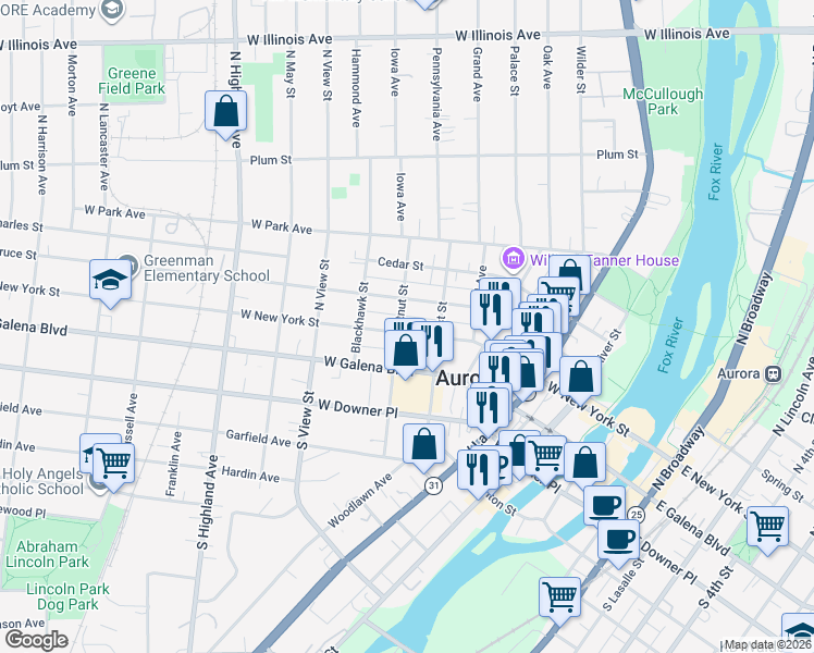 map of restaurants, bars, coffee shops, grocery stores, and more near 20 North Chestnut Street in Aurora
