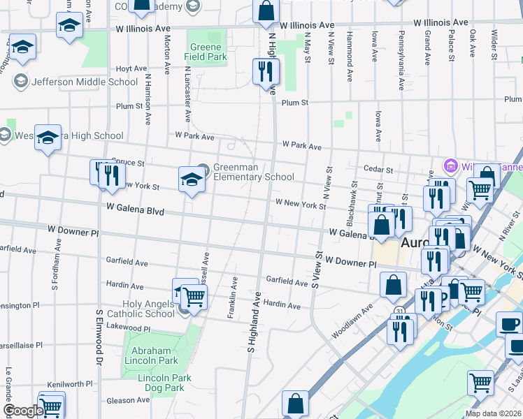 map of restaurants, bars, coffee shops, grocery stores, and more near 611 West Galena Boulevard in Aurora