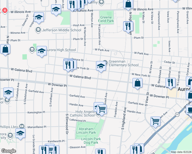 map of restaurants, bars, coffee shops, grocery stores, and more near 9 South Lancaster Avenue in Aurora