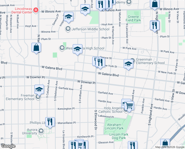 map of restaurants, bars, coffee shops, grocery stores, and more near 1025 West Downer Place in Aurora