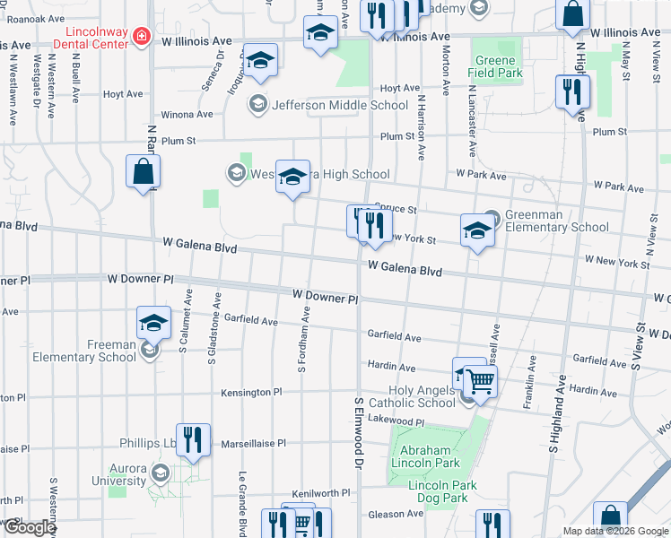 map of restaurants, bars, coffee shops, grocery stores, and more near 1025 West Downer Place in Aurora