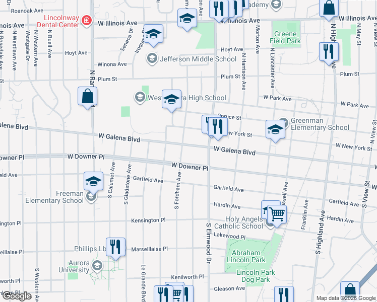 map of restaurants, bars, coffee shops, grocery stores, and more near 1025 West Downer Place in Aurora