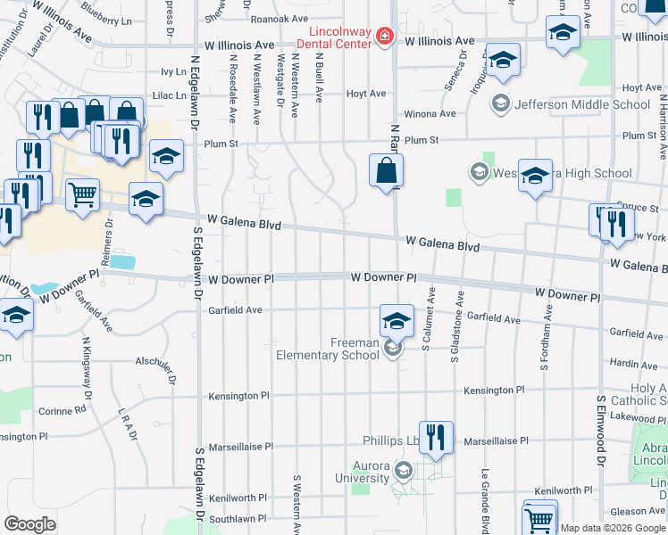 map of restaurants, bars, coffee shops, grocery stores, and more near 1520 West Downer Place in Aurora