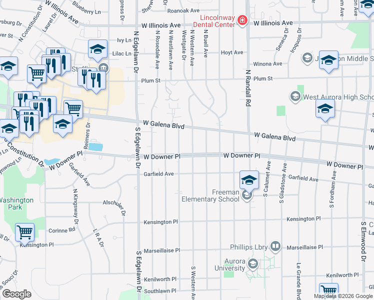 map of restaurants, bars, coffee shops, grocery stores, and more near 1536 West Downer Place in Aurora