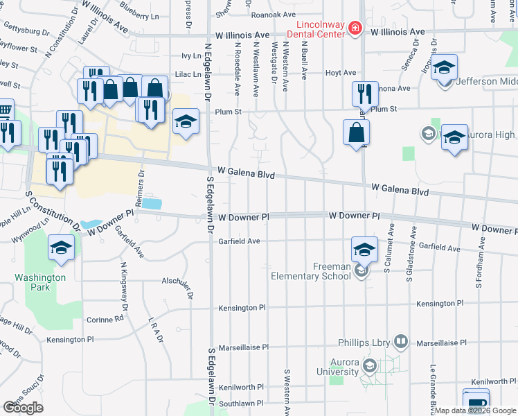 map of restaurants, bars, coffee shops, grocery stores, and more near 1628 West Downer Place in Aurora