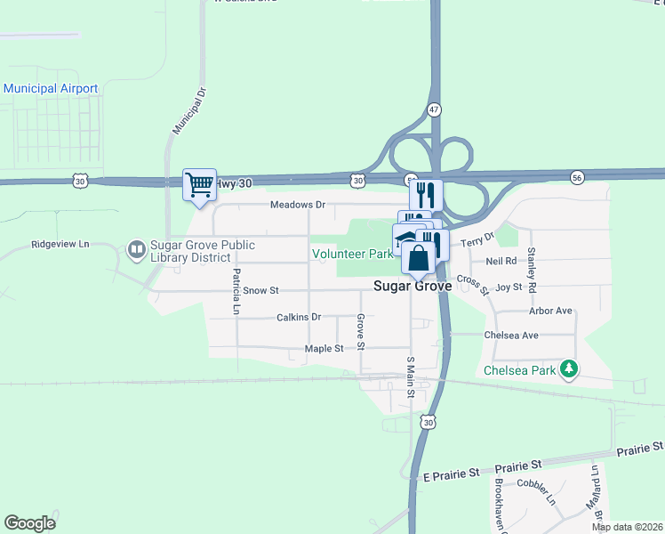 map of restaurants, bars, coffee shops, grocery stores, and more near 161 Snow Street in Sugar Grove