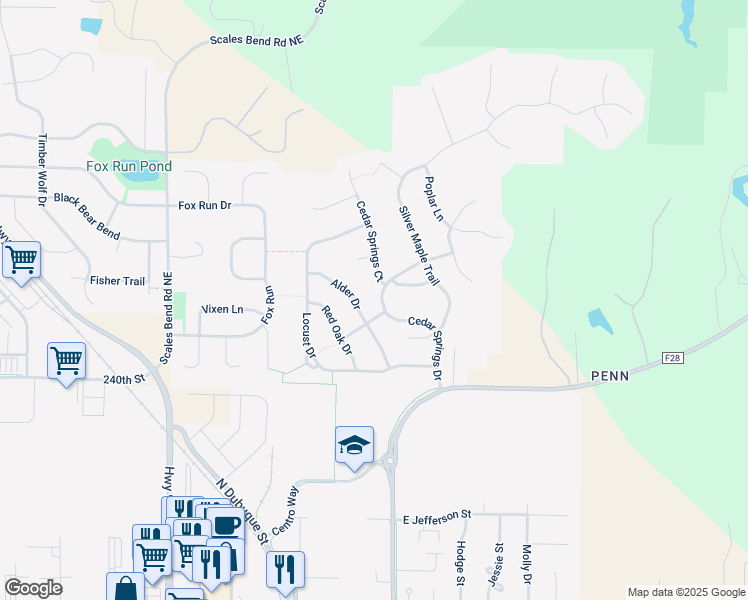 map of restaurants, bars, coffee shops, grocery stores, and more near 120 Catalpa Lane in North Liberty